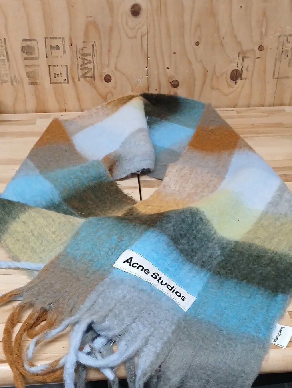 Acne Oversized Multicolor Plaid Fringe Scarf in Blue, Brown, Cream - Picture 5 of 6